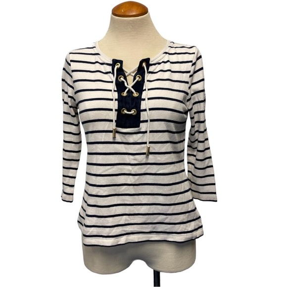 TORY BURCH NAVY WHITE STRIPE NAUTICAL TIE NECK T-SHIRT TOP TEE WOMENS X SMALL - Picture 9 of 12